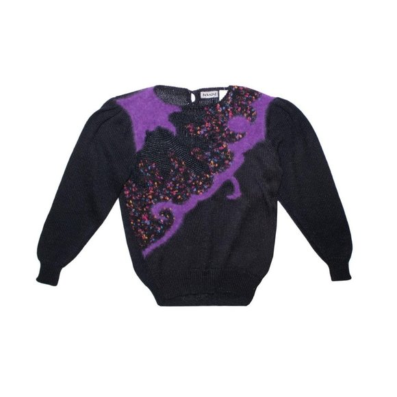Vintage 1980’s Black Purple Fuzzy Rainbow Knit Sweater - Picture 1 of 4